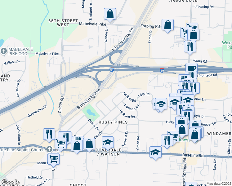 map of restaurants, bars, coffee shops, grocery stores, and more near 6812 Azalea Drive in Little Rock