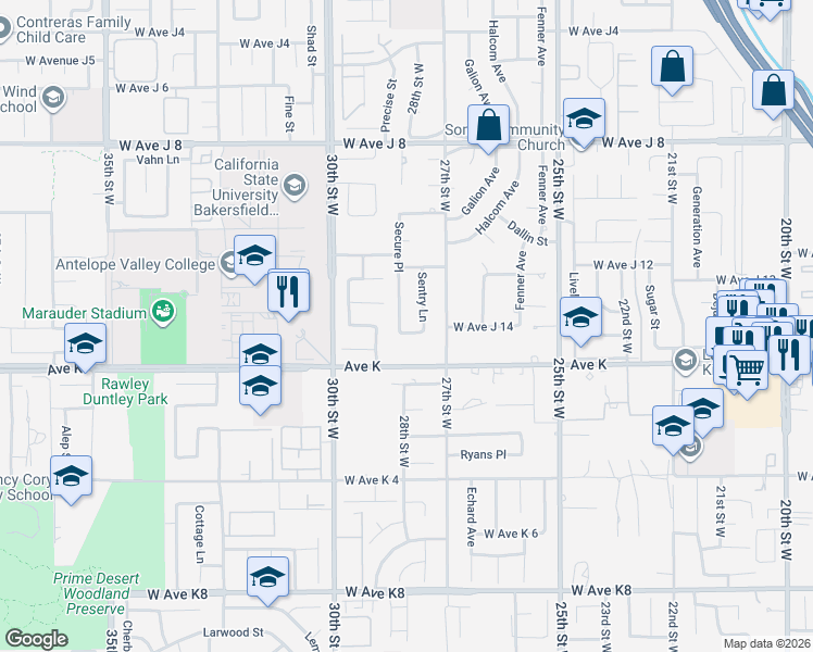 map of restaurants, bars, coffee shops, grocery stores, and more near 43724 Secure Place in Lancaster