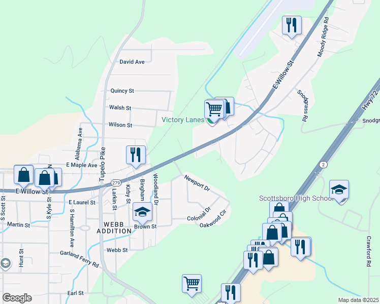 map of restaurants, bars, coffee shops, grocery stores, and more near 1301 East Willow Street in Scottsboro