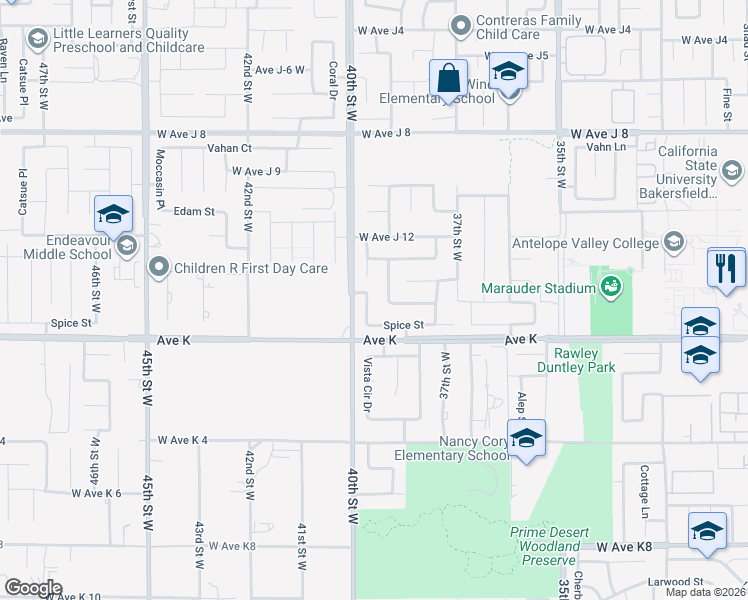 map of restaurants, bars, coffee shops, grocery stores, and more near 43648 Colony Drive in Lancaster