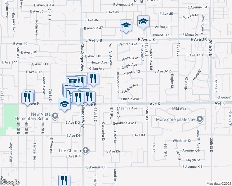 map of restaurants, bars, coffee shops, grocery stores, and more near 43623 Rembrandt Street in Lancaster