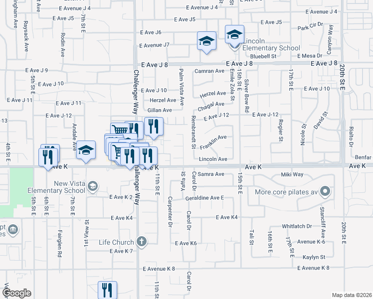 map of restaurants, bars, coffee shops, grocery stores, and more near 43640 Yaffa Street in Lancaster