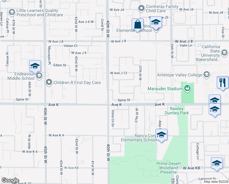 map of restaurants, bars, coffee shops, grocery stores, and more near 43648 Colony Drive in Lancaster