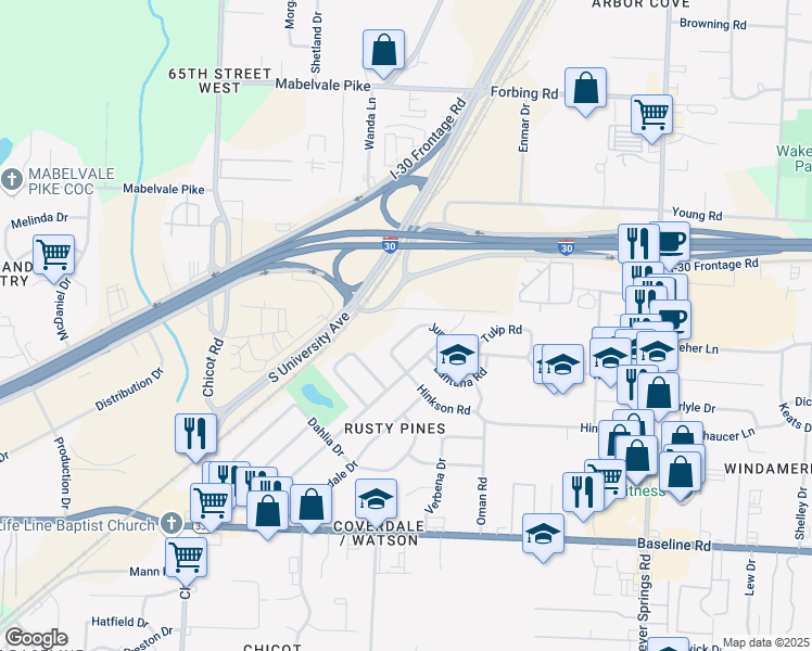 map of restaurants, bars, coffee shops, grocery stores, and more near 6812 Azalea Drive in Little Rock