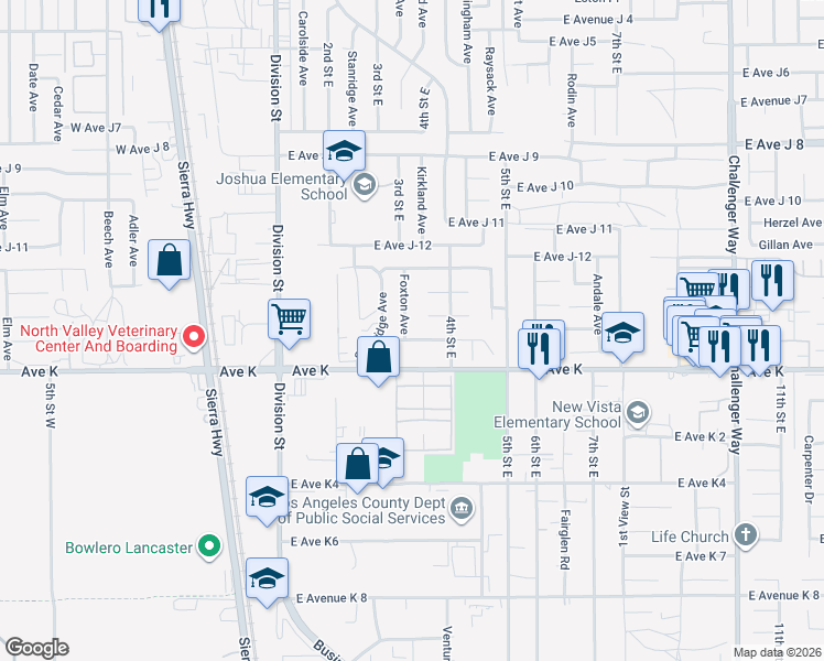 map of restaurants, bars, coffee shops, grocery stores, and more near 43640 Foxton Avenue in Lancaster