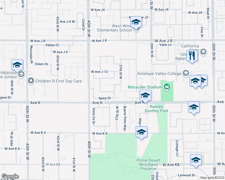 map of restaurants, bars, coffee shops, grocery stores, and more near 43635 Sierra Vista Drive in Lancaster