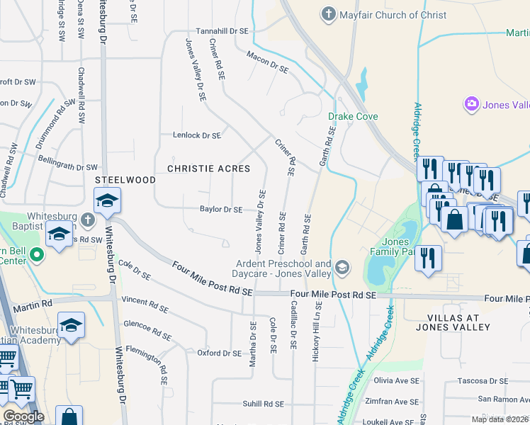 map of restaurants, bars, coffee shops, grocery stores, and more near 6812 Jones Valley Drive Southeast in Huntsville