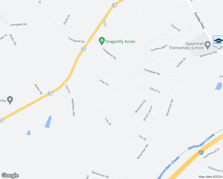 map of restaurants, bars, coffee shops, grocery stores, and more near 130 Pine Circle in Pelzer