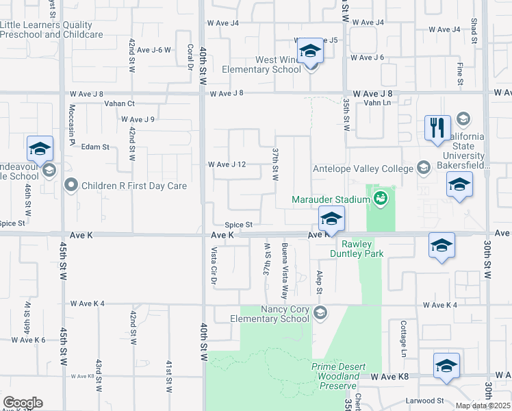 map of restaurants, bars, coffee shops, grocery stores, and more near 43635 Sierra Vista Drive in Lancaster