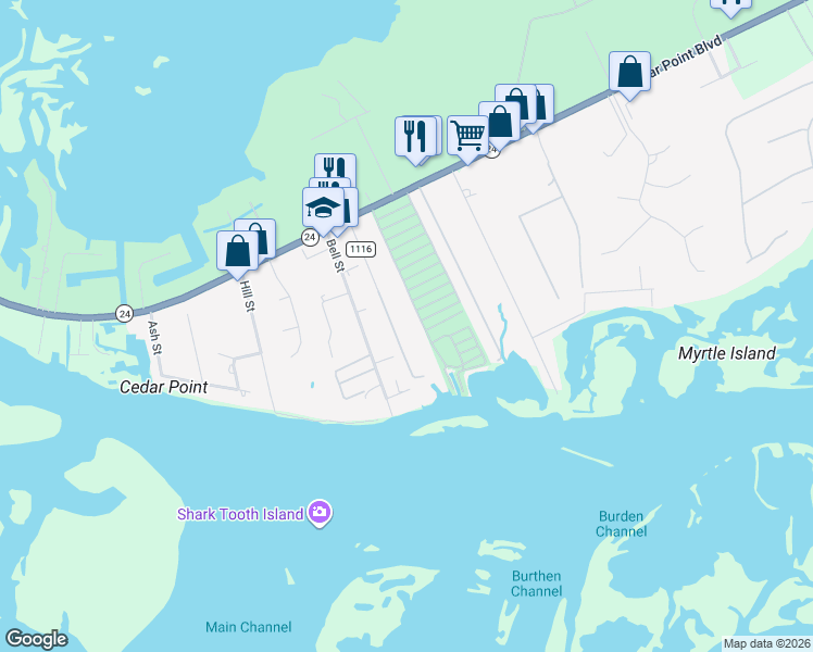map of restaurants, bars, coffee shops, grocery stores, and more near Marlin Boulevard in Cedar Point