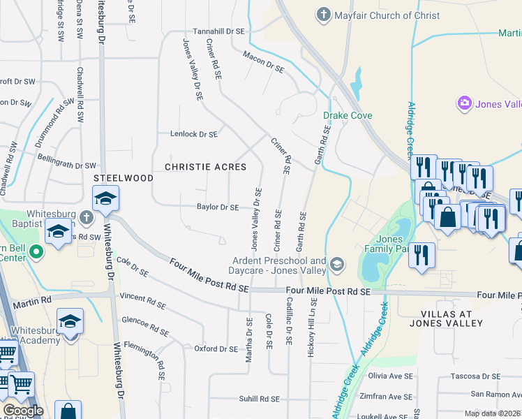 map of restaurants, bars, coffee shops, grocery stores, and more near 6812 Jones Valley Drive Southeast in Huntsville