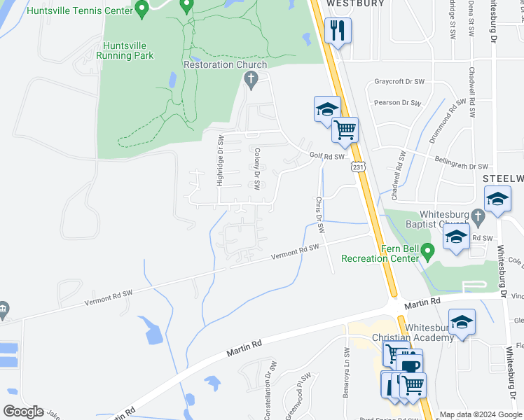 map of restaurants, bars, coffee shops, grocery stores, and more near 4039 Hunters Ridge Drive Southwest in Huntsville