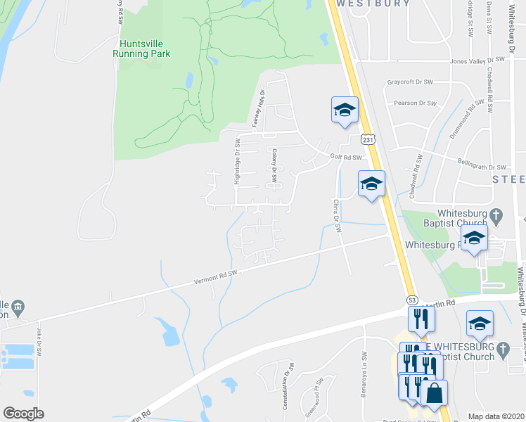 map of restaurants, bars, coffee shops, grocery stores, and more near 4039 Hunters Ridge Drive Southwest in Huntsville