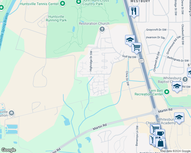 map of restaurants, bars, coffee shops, grocery stores, and more near 4031 Hunters Ridge Drive Southwest in Huntsville