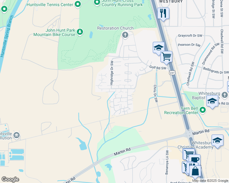 map of restaurants, bars, coffee shops, grocery stores, and more near 4031 Hunters Ridge Drive Southwest in Huntsville