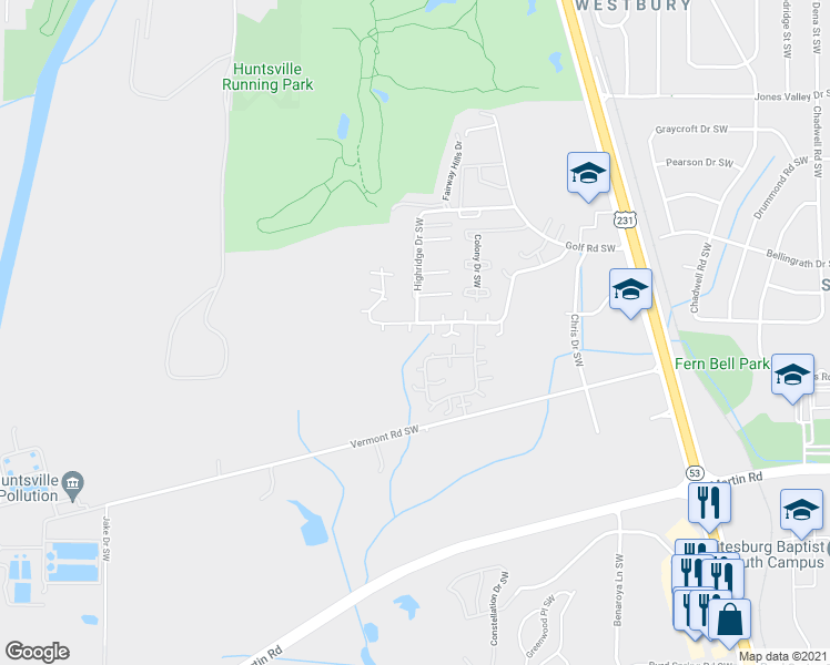 map of restaurants, bars, coffee shops, grocery stores, and more near 4031 Hunters Ridge Drive Southwest in Huntsville