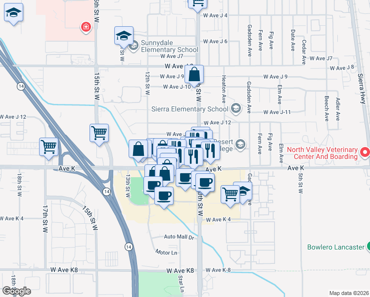 map of restaurants, bars, coffee shops, grocery stores, and more near West Avenue J14 in Lancaster