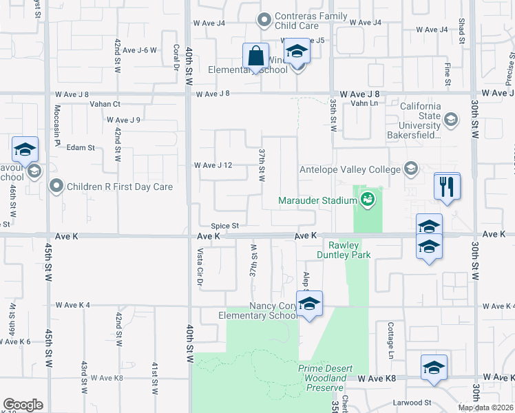 map of restaurants, bars, coffee shops, grocery stores, and more near 43703 37th Street West in Lancaster