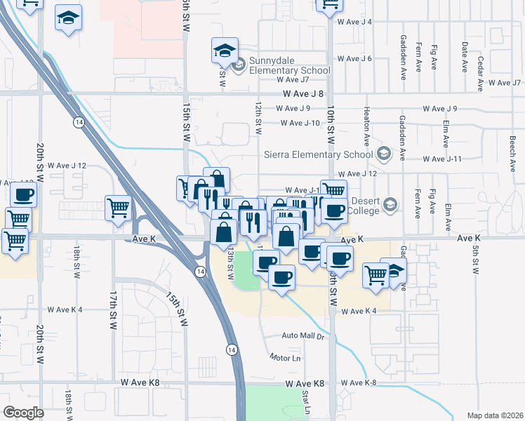 map of restaurants, bars, coffee shops, grocery stores, and more near 1156 Avenue J 14 in Lancaster