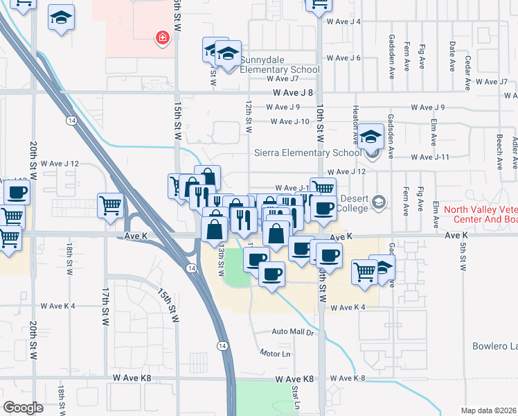 map of restaurants, bars, coffee shops, grocery stores, and more near 1156 West Avenue J-13 in Lancaster