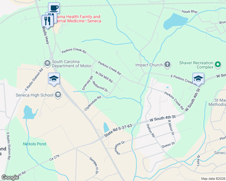 map of restaurants, bars, coffee shops, grocery stores, and more near 182 Clydesdale Road in Seneca
