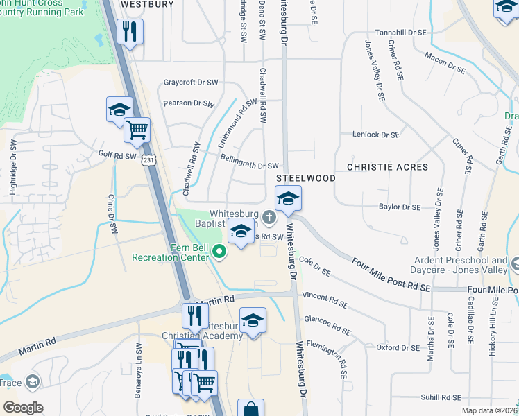 map of restaurants, bars, coffee shops, grocery stores, and more near 6514 Chadwell Road Southwest in Huntsville