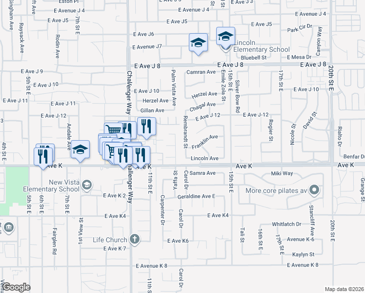 map of restaurants, bars, coffee shops, grocery stores, and more near 43715 Prominente Drive in Lancaster