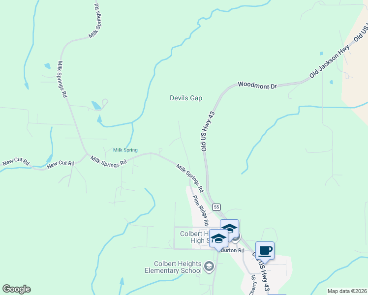 map of restaurants, bars, coffee shops, grocery stores, and more near 30 Stone Gap Road in Tuscumbia