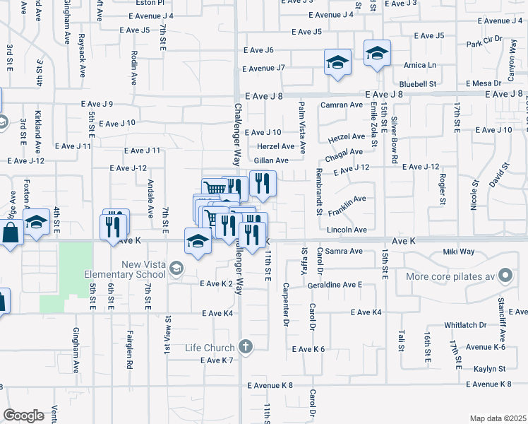 map of restaurants, bars, coffee shops, grocery stores, and more near 43740 Challenger Way in Lancaster