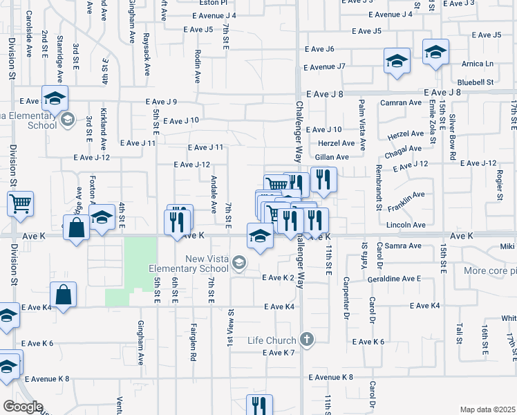 map of restaurants, bars, coffee shops, grocery stores, and more near 43703 8th Street East in Lancaster
