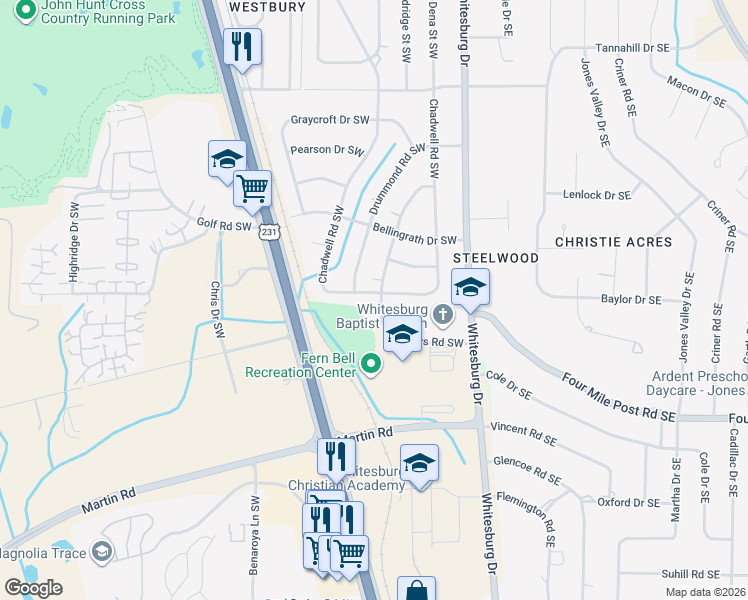 map of restaurants, bars, coffee shops, grocery stores, and more near 617 Drummond Road Southwest in Huntsville