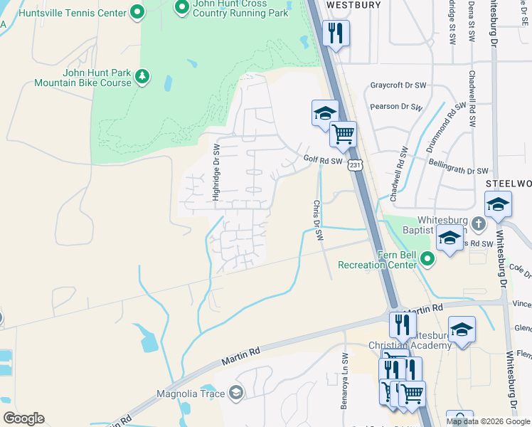 map of restaurants, bars, coffee shops, grocery stores, and more near 4105 Hunters Ridge Drive Southwest in Huntsville