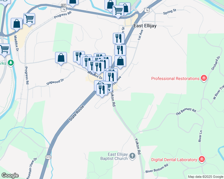 map of restaurants, bars, coffee shops, grocery stores, and more near 0 Yukon Road in East Ellijay