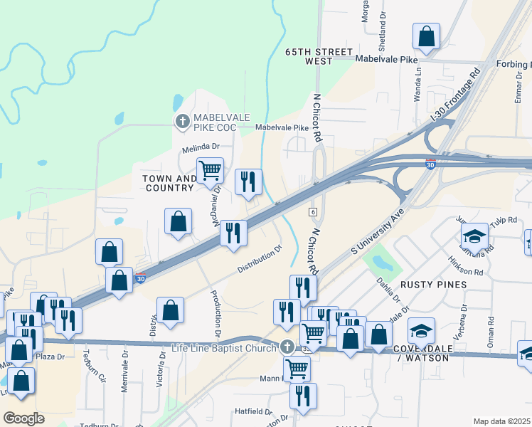 map of restaurants, bars, coffee shops, grocery stores, and more near Interstate 30 in Little Rock