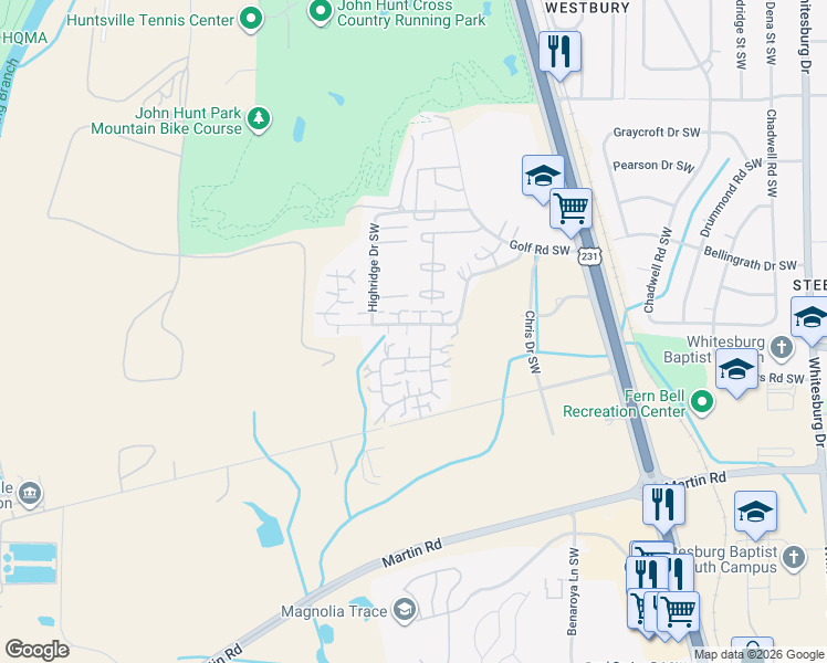 map of restaurants, bars, coffee shops, grocery stores, and more near 4036 Hunters Ridge Drive Southwest in Huntsville