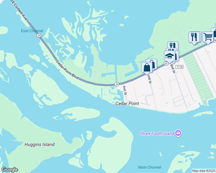 map of restaurants, bars, coffee shops, grocery stores, and more near 108 Intracoastal Court in Cedar Point