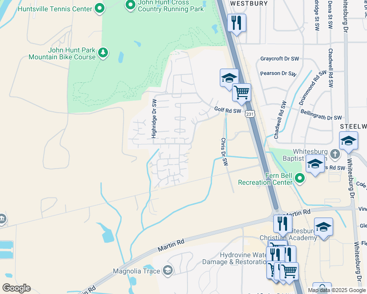 map of restaurants, bars, coffee shops, grocery stores, and more near 4039 Hunters Ridge Drive Southwest in Huntsville