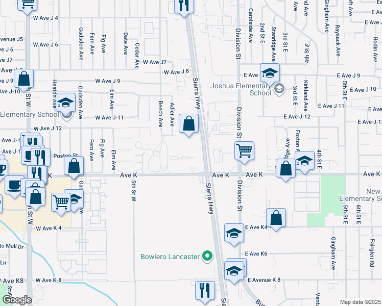 map of restaurants, bars, coffee shops, grocery stores, and more near 43707 Sierra Highway in Lancaster