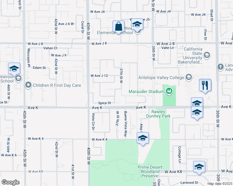 map of restaurants, bars, coffee shops, grocery stores, and more near 43642 Sierra Vista Drive in Lancaster