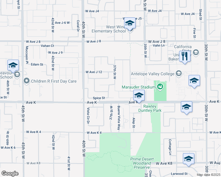 map of restaurants, bars, coffee shops, grocery stores, and more near 43642 Sierra Vista Drive in Lancaster
