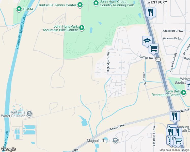 map of restaurants, bars, coffee shops, grocery stores, and more near 4020 Hunters Ridge Drive Southwest in Huntsville