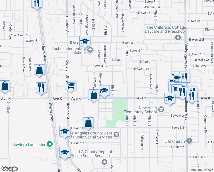 map of restaurants, bars, coffee shops, grocery stores, and more near 348 East Avenue J-14 in Lancaster