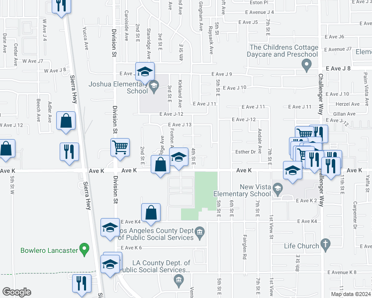 map of restaurants, bars, coffee shops, grocery stores, and more near 348 East Avenue J-14 in Lancaster