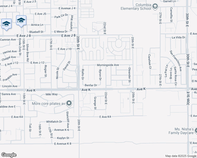 map of restaurants, bars, coffee shops, grocery stores, and more near 43643 Byron Drive in Lancaster