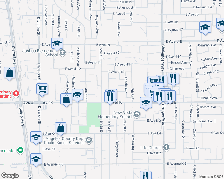 map of restaurants, bars, coffee shops, grocery stores, and more near 43669 6th Street East in Lancaster