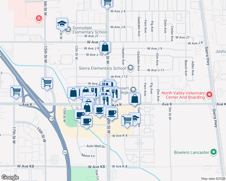 map of restaurants, bars, coffee shops, grocery stores, and more near 828 Avenue J 14 in Lancaster