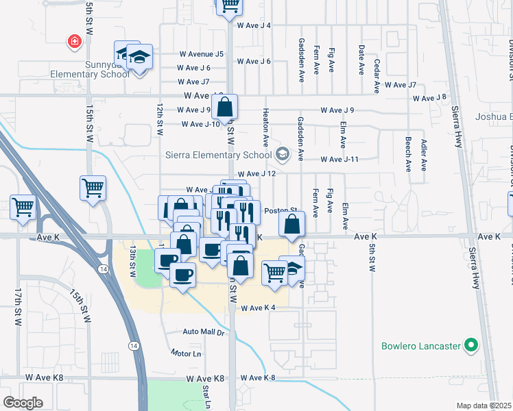 map of restaurants, bars, coffee shops, grocery stores, and more near 802 Avenue J 14 in Lancaster