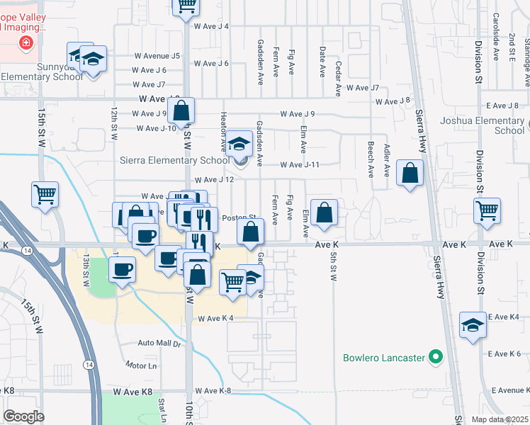 map of restaurants, bars, coffee shops, grocery stores, and more near 43704 Gadsden Avenue in Lancaster