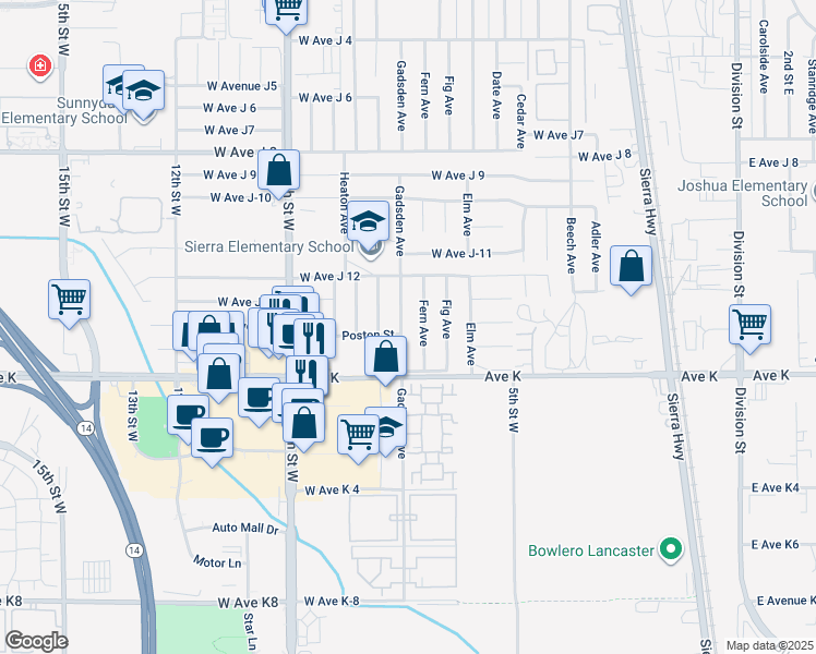 map of restaurants, bars, coffee shops, grocery stores, and more near 43704 Gadsden Avenue in Lancaster