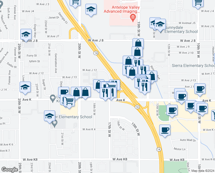 map of restaurants, bars, coffee shops, grocery stores, and more near 1701 West Avenue J15 in Lancaster